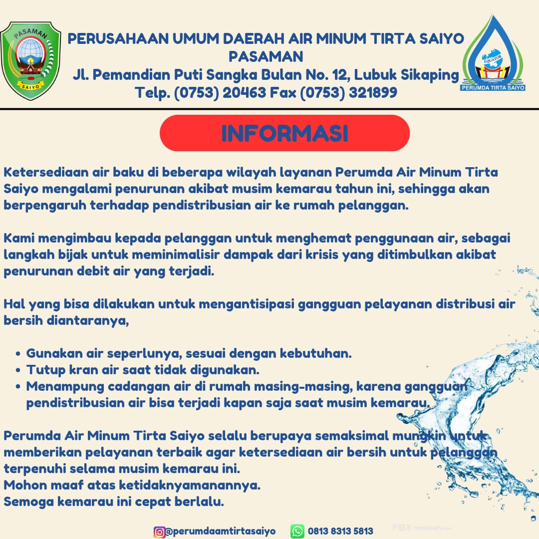 PERUMDA Air Minum Tirta Saiyo Pasaman Imbau Pelanggan Hemat Air di Musim Kemarau